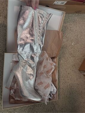 Public Desire Silver Metallic Knee-High Heeled Boots
